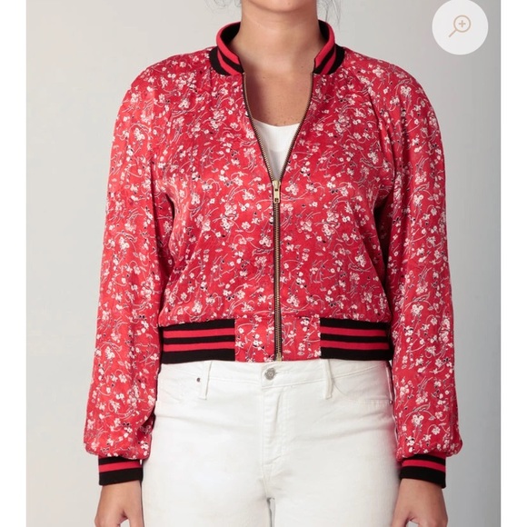 AYSHA NY Red Floral Cupro Satin Bomber Jacket - Picture 1 of 12